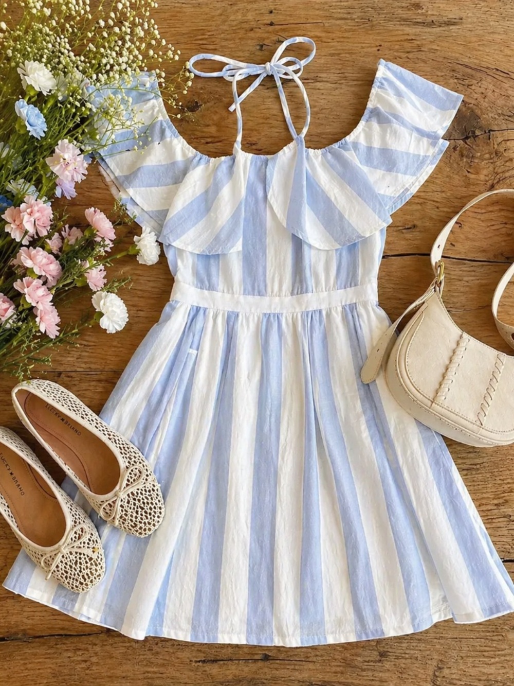 Jealous Tomato Blue & White Striped Off-Shoulder Dress – Medium Flowy Mini💙